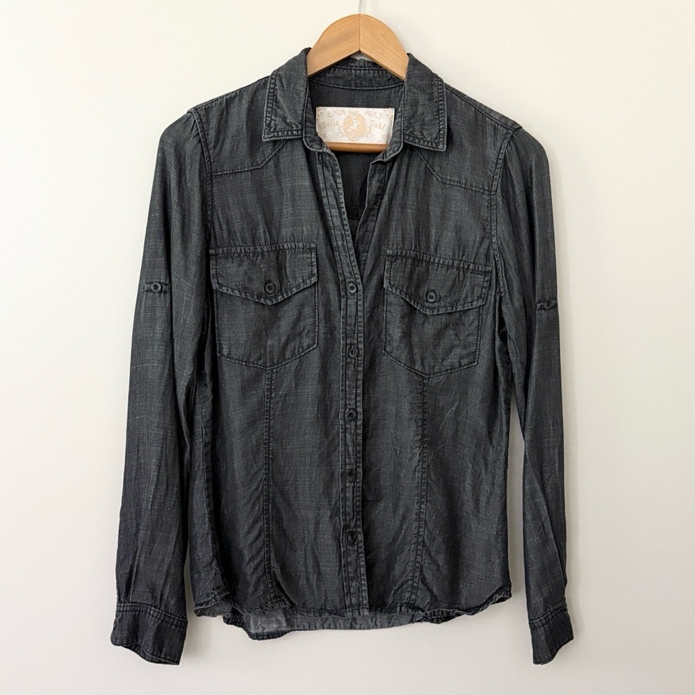 Bella Dahl Charcoal Gray Chambray Long‎ Sleeve Roll Tab Button-Up Shirt Size M